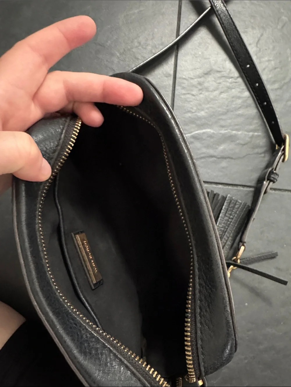 Tory Burch Black Pebbled Leather Crossbody with Tassel and Gold Chain
